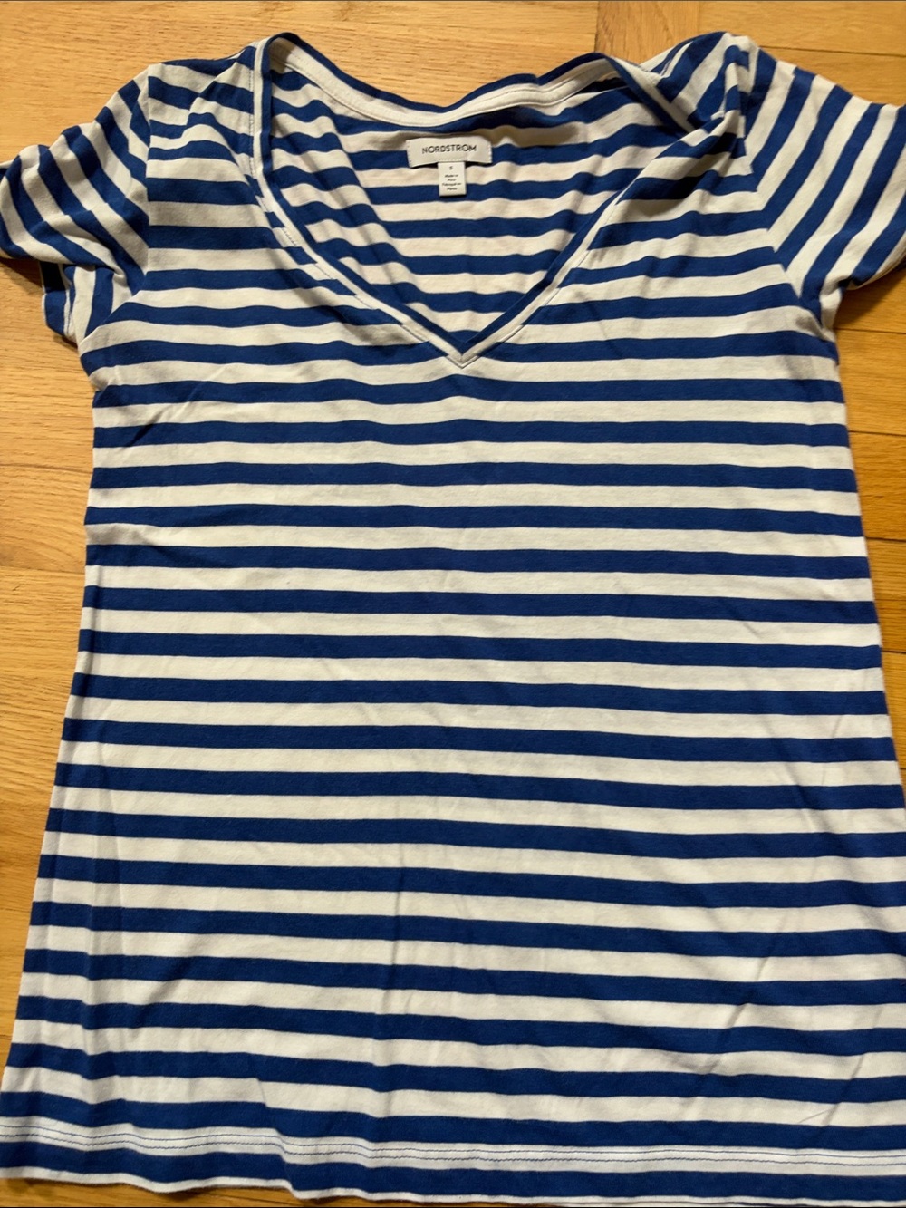Nordstrom Blue and White Striped V-Neck Short Sleeve Tee